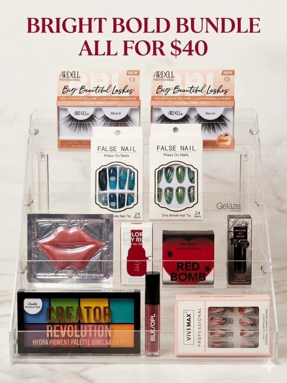 Ardell Eyeshadow Palette & Makeup Bundle with Pink Lip Mask and Multicolor Nails